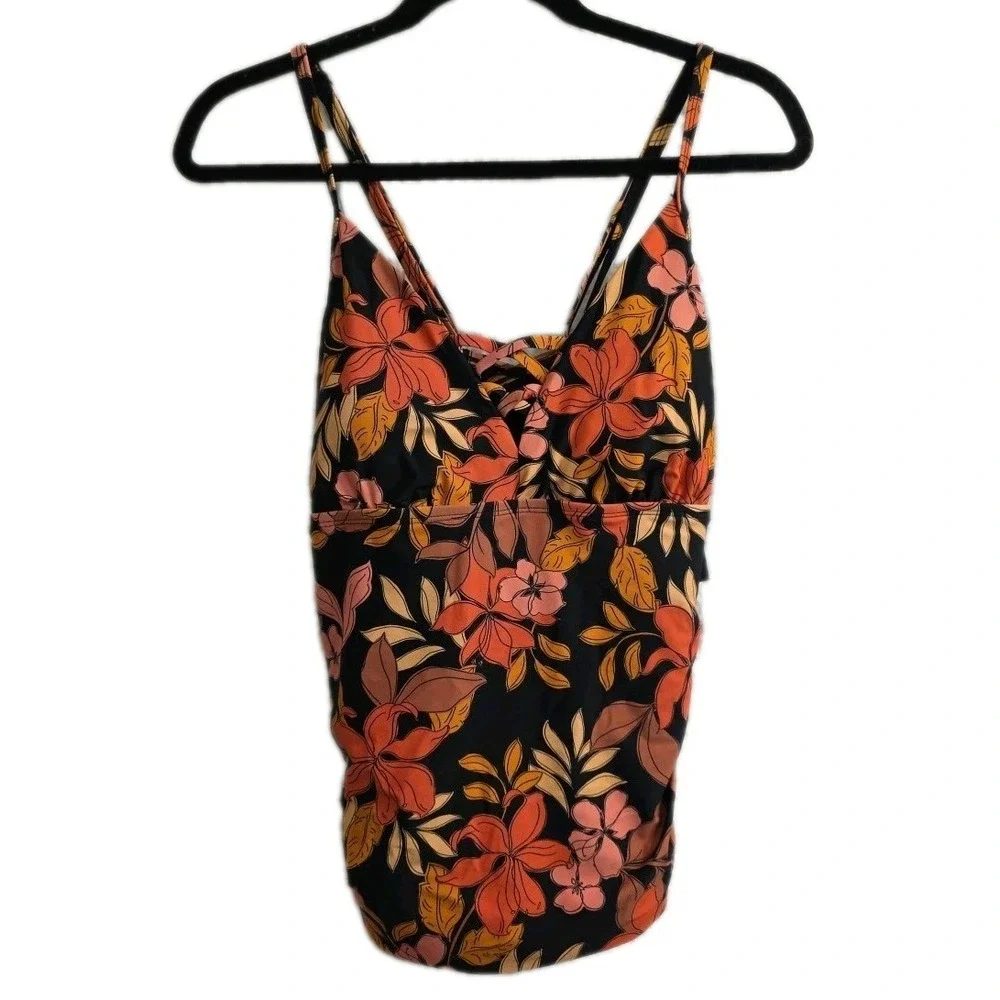 NEW Aqua Couture Halter Tankini Top Black Pink Floral‎ & Black Curvy Bottoms